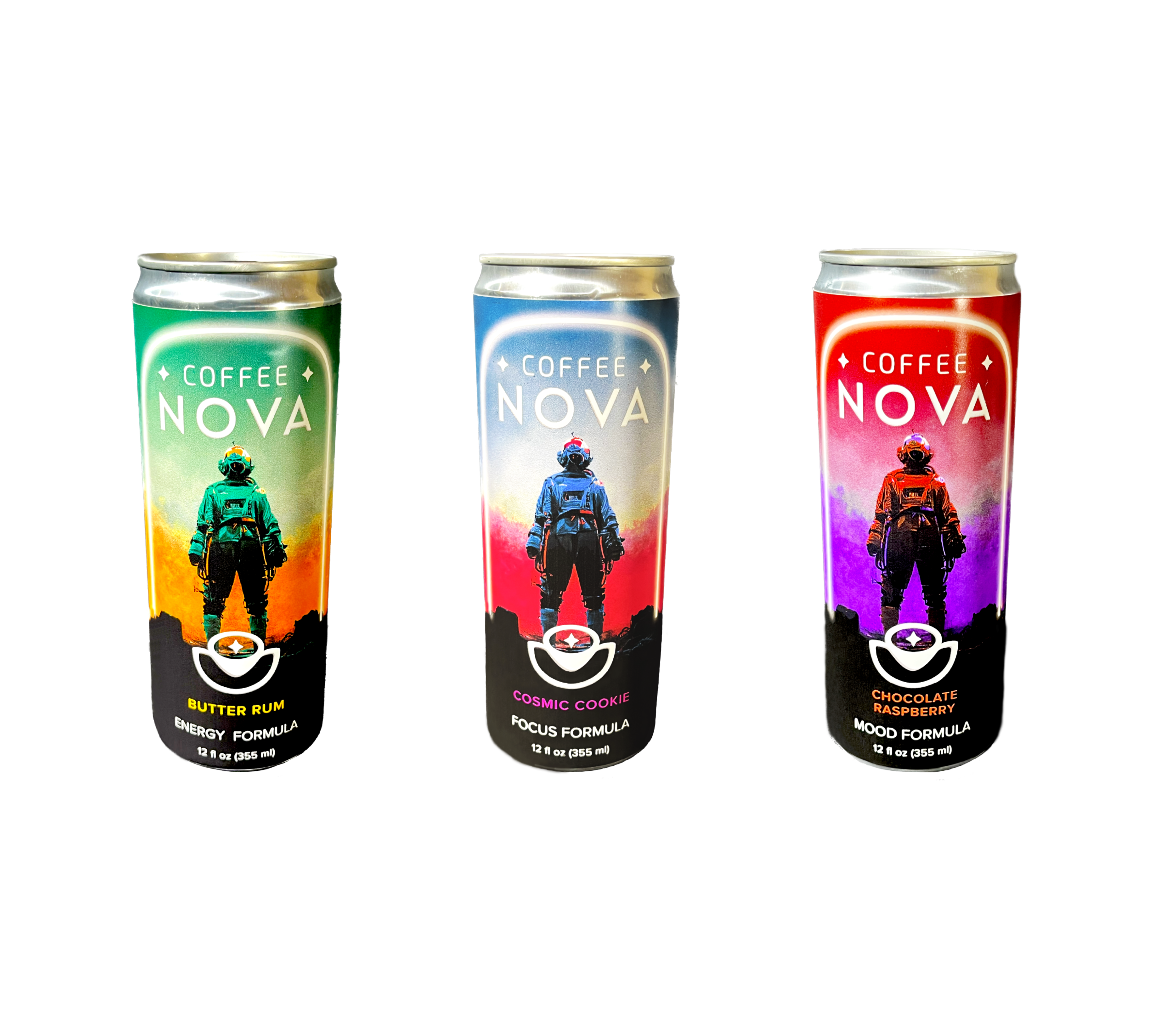 Coffee Nova product cans in a sci-fi setting